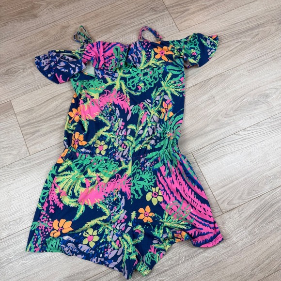 Lilly Pulitzer Klea Off The Shoulder Romper Indigo A Glow Tropical Print Size S - Picture 2 of 10